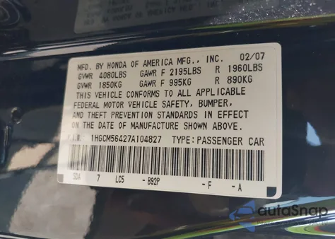 2007 Honda Accord 2.4 Lx z USA, uszkodzony, nr VIN 1HGCM56427A104827